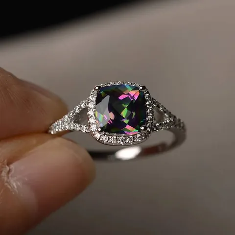 Luxe Koperen Vierkante Zirconia Mystic Topaas Halo Ring Verzilverd Split Shank Mode Sieraden Voor Vrouwen Bruiloft Feest Cadeau