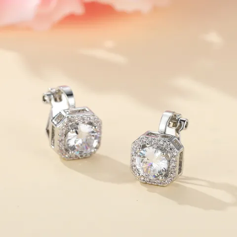 Elegante Koperen Zirkoon Achthoek Oorclips Voor Vrouwen Geplatineerd Geometrische Halo Oorknopjes Feest Sieraden Cadeau