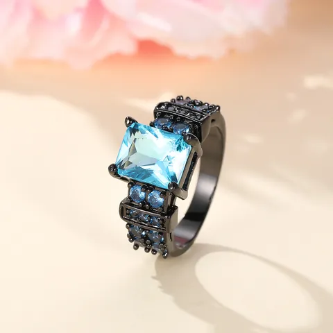 Vintage Black Plated Copper Emerald Cut Zirconia Ring For Women Luxury Square Blue Green Inlaid Band Fashion Jewelry Gift