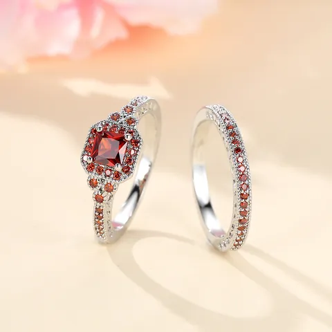 Luxury Copper Zirconia Inlaid Ring Set Vintage Square Cut Anniversary Wedding Band Set For Women Elegant Jewelry Gift