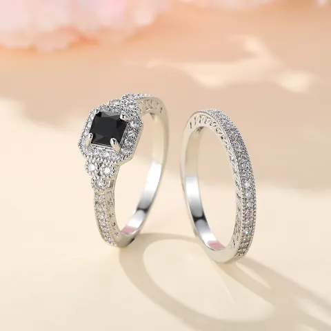 Luxury Copper Zirconia Inlaid Ring Set Vintage Square Cut Anniversary Wedding Band Set For Women Elegant Jewelry Gift