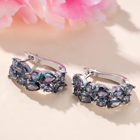 Women Fashion Copper Colored Zirconia Ear Buckles Pavé Row Pear Cut Rainbow Mystic Topaz Geometric Inlaid Hoop Earrings Jewelry Gift