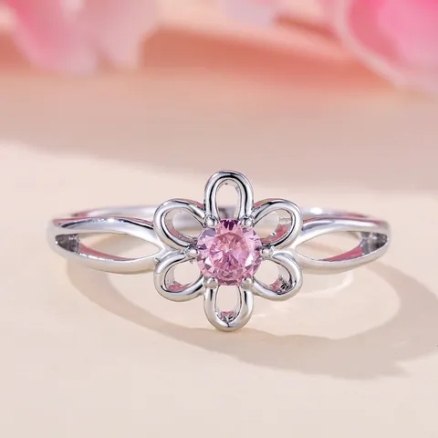 Women Hollow Flower Copper Ring With Pink Round Cubic Zirconia Silver Plated Elegant Floral Band Jewelry For Party Wedding
