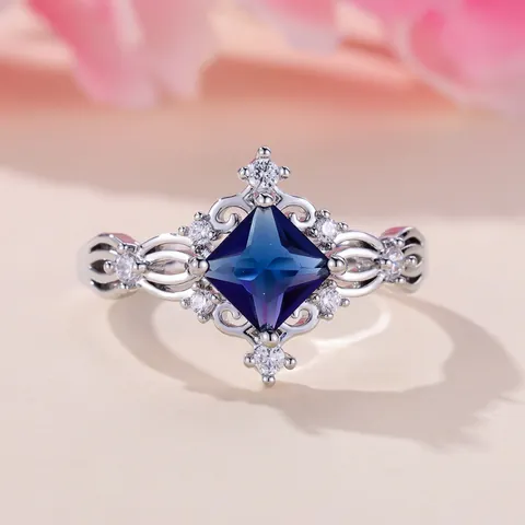 Anello Vintage in Zirconia Blu Reale Quadrato Elegante Anello Traforato in Rame Galvanizzato per Gioielli da Festa Donna