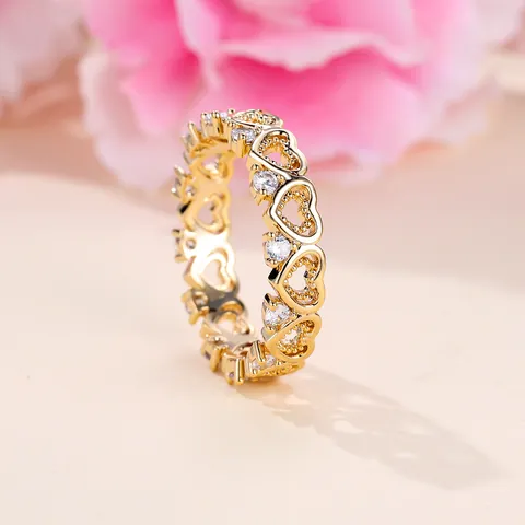 Minimalist Hollow Heart Ring For Women Gold Plated Copper Round White Zirconia Eternity Band Wedding Party Fashion Jewelry