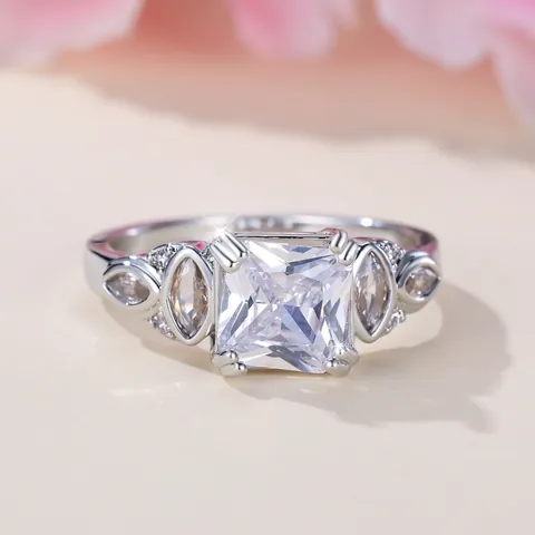 Vintage Princess Cut Square Zircon Engagement Ring For Women White Gold Plated Copper Marquise Side Stone Fashion Jewelry