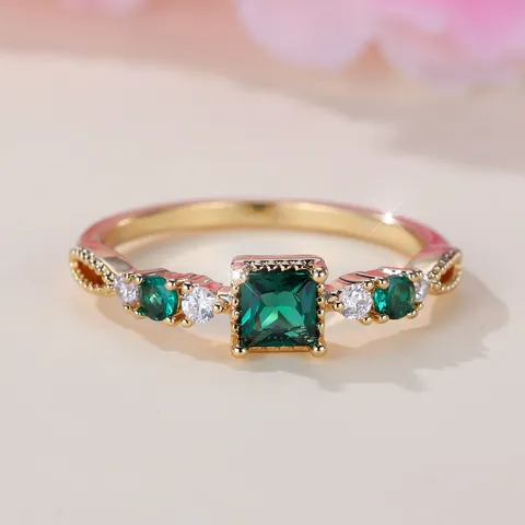 Vintage Emerald Square Zirconia Ring Gold Plated Copper Milgrain Band Green Gemstone Fashion Finger Jewelry For Women Gift