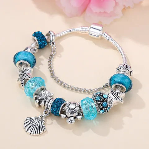 Classic Ocean Theme Charm Bracelet Alloy Snake Chain With Blue Crystal Glass Beads And Starfish Turtle Pendants Fashion Jewelry