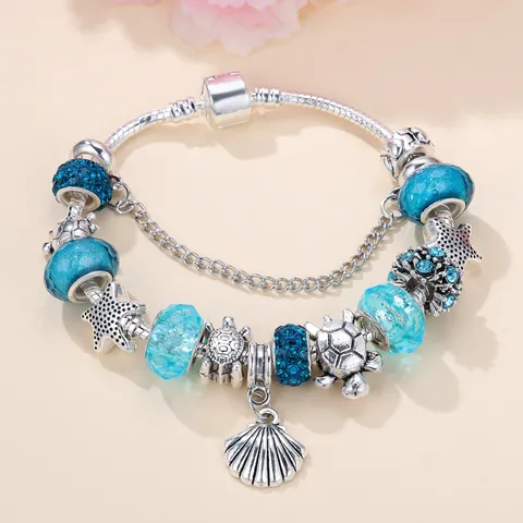 Classic Ocean Theme Charm Bracelet Alloy Snake Chain With Blue Crystal Glass Beads And Starfish Turtle Pendants Fashion Jewelry
