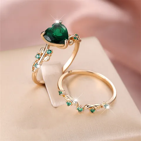 Luxe Koperen Zirconia Hart Ring Set Voor Vrouwen Romantische Wijnblad Champagnegoud Stapelbare Ingelegde Hart Zirconia Ringen Sieraden Cadeau