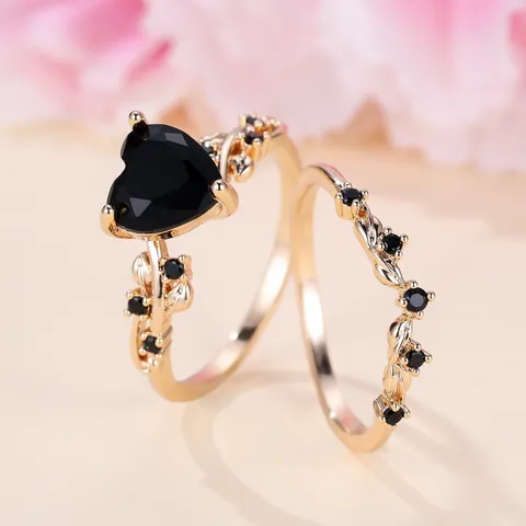 Luxe Koperen Zirconia Hart Ring Set Voor Vrouwen Romantische Wijnblad Champagnegoud Stapelbare Ingelegde Hart Zirconia Ringen Sieraden Cadeau