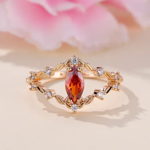 Vintage Marquise Cut Garnet Red Zirconia Ring Champagne Gold Plated Copper Vine Leaf Design Jewelry For Women Wedding Banquet