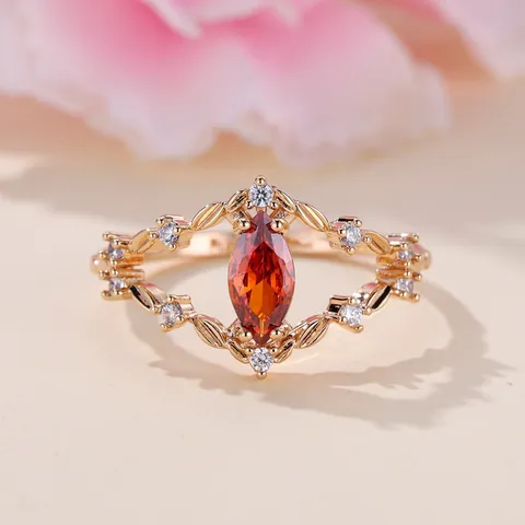Vintage Marquise Cut Garnet Red Zirconia Ring Champagne Gold Plated Copper Vine Leaf Design Jewelry For Women Wedding Banquet