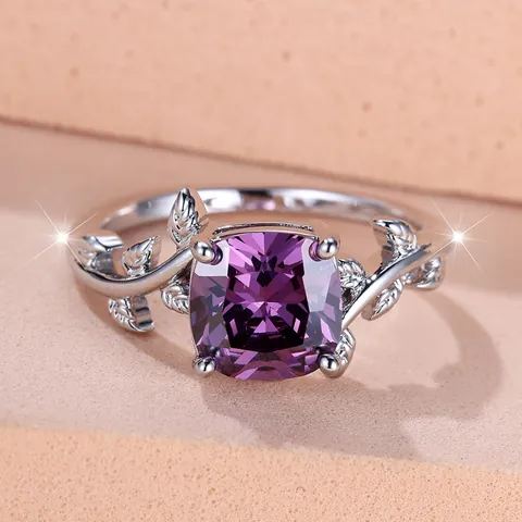 Vintage Square Purple Zirconia Ring For Women White Gold Plated Copper Vine Leaf Design Finger Ring Fashion Jewelry