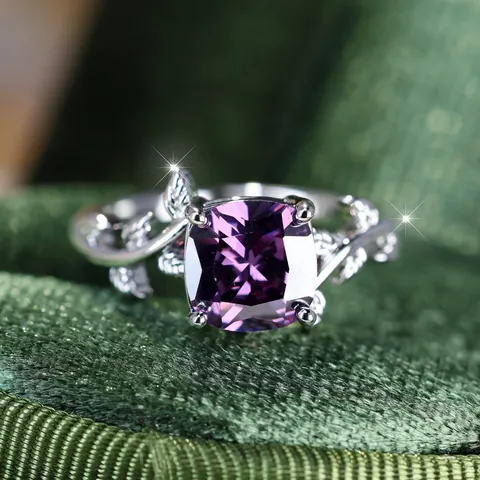 Vintage Square Purple Zirconia Ring For Women White Gold Plated Copper Vine Leaf Design Finger Ring Fashion Jewelry