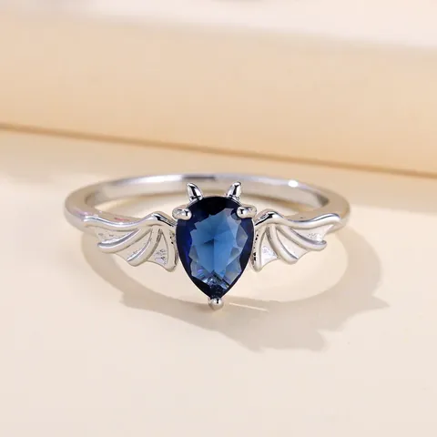 Mode Koper Diepblauw Waterdruppel Zirkonia Vleermuisvleugels Ring Voor Vrouwen Creatieve Gothische Stijl Halloween Sieraden Cadeau