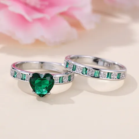 Fashion Copper Emerald Green Heart Cubic Zirconia Ring Set For Women Silver Plated Heart And Band Finger Rings Jewelry Gift