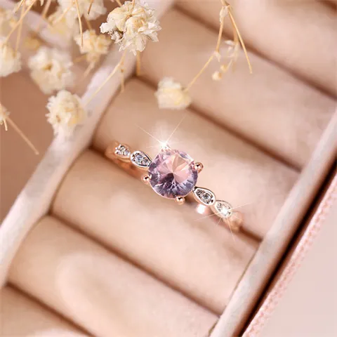 Women Elegant Copper Ring With Round Pink Cubic Zirconia Leaf Design Rose Gold Plated Fashion Jewelry Wedding Party Romantic Gift