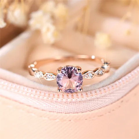 Women Elegant Copper Ring With Round Pink Cubic Zirconia Leaf Design Rose Gold Plated Fashion Jewelry Wedding Party Romantic Gift