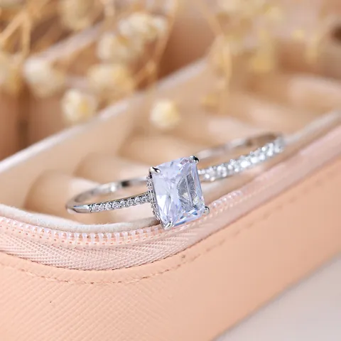 Luxe Vierkante Zirconia Ring Koper Goud Zilver Verguld Rechthoekig Ingelegde Hoofdring En Bijpassende Band Voor Vrouwen Sieraden