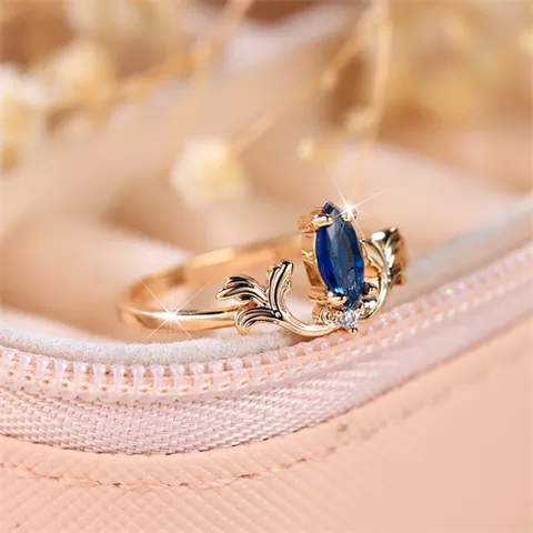 French Vintage Royal Blue Marquise Zirconia Gold Plated Copper Ring For Women Elegant Feather Leaf Hollow Finger Jewelry