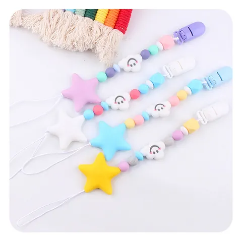 Cartoon Cloud Silicone Pacifier Clip For Baby Star Teether Beads Binky Holder Strap Infant Nursing Accessories Smiley Face Clip