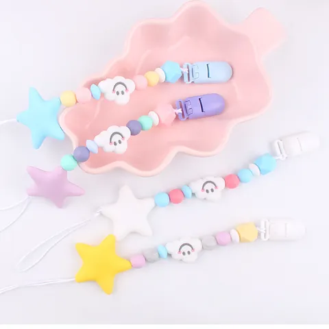 Cartoon Cloud Silicone Pacifier Clip For Baby Star Teether Beads Binky Holder Strap Infant Nursing Accessories Smiley Face Clip