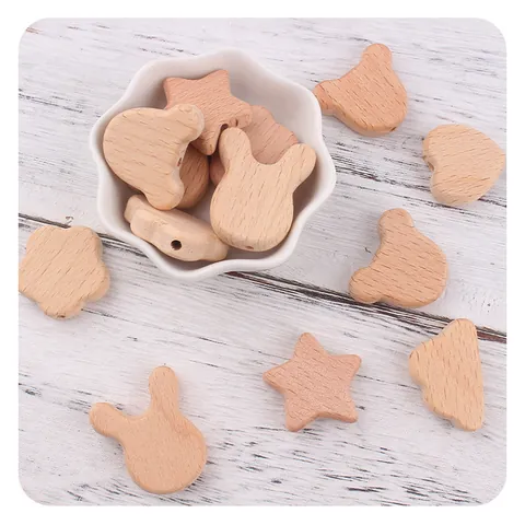 Natural Beech Wood DIY Pacifier Chain Accessories Heart Star Animal Shape Polished Wood Beads For Baby Teething Toy Making