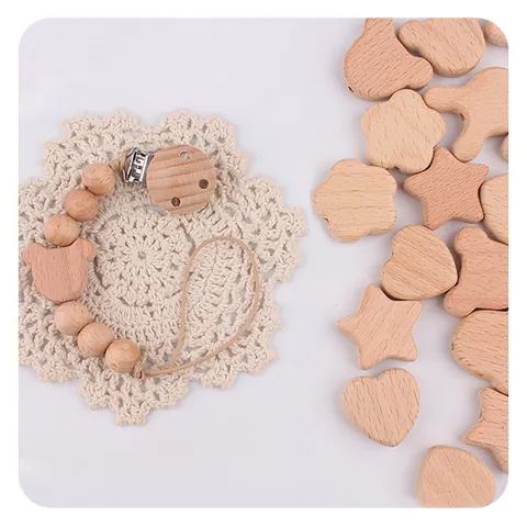 Natural Beech Wood DIY Pacifier Chain Accessories Heart Star Animal Shape Polished Wood Beads For Baby Teething Toy Making