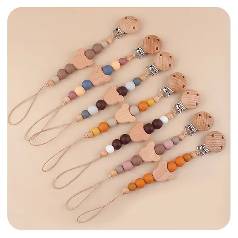 Bärenkopf Buchenholz Silikon Schnullerkette Für Baby Beißring Halter Nordisch Morandi Perlen Anti-Verlust Kette BPA-Frei Säuglings Zubehör