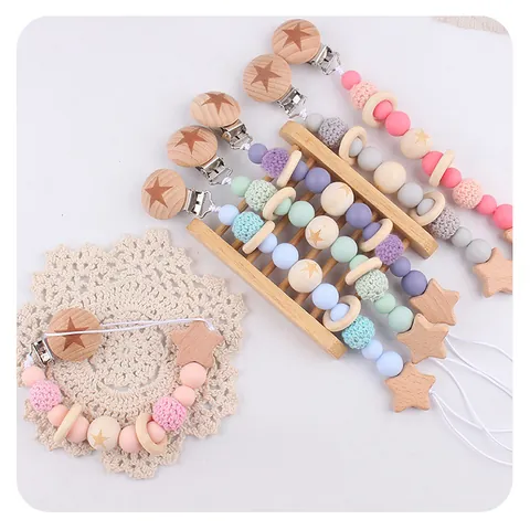 Silicone Beech Wood Star Baby Pacifier Clip Holder With Handmade Crochet Beads Teething Toy Chain For Infants Toddler