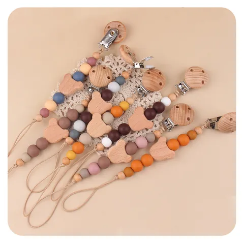 Bärenkopf Buchenholz Silikon Schnullerkette Für Baby Beißring Halter Nordisch Morandi Perlen Anti-Verlust Kette BPA-Frei Säuglings Zubehör