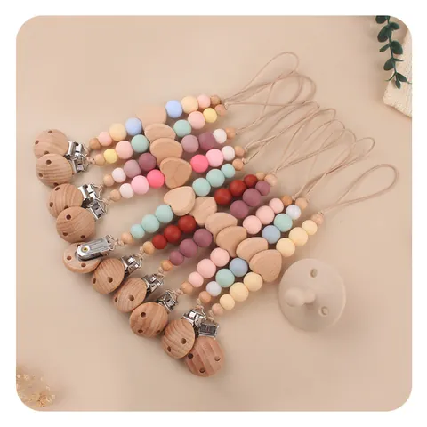 Buchenholz Silikon Perlen Baby Schnullerkette Herzform Anti-Fall Kette Für Säuglinge Beruhigende Nippel Halter Leine