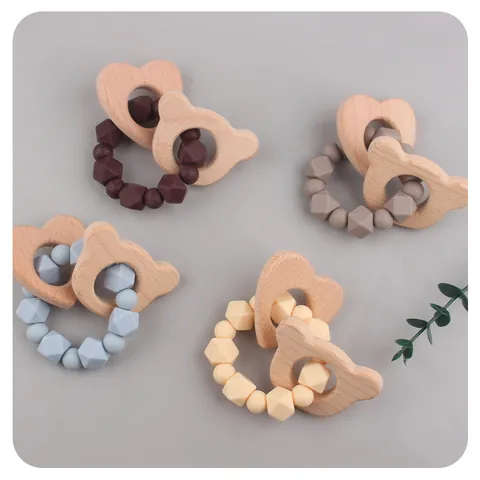 Baby Teether Bracelet Silicone Beech Wood Beads Ring Cartoon Bear And Heart Shape Infant Teething Relief Sensory Toy For Toddlers
