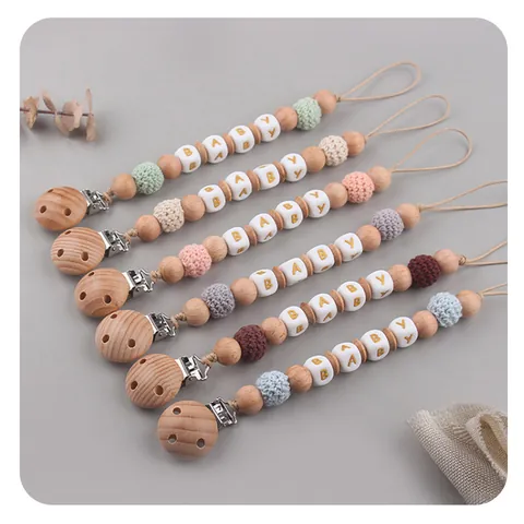Handmade Beech Wood Silicone Baby Pacifier Clip Crochet Beads BABY Letter Beads Anti-Drop Pacifier Chain For Infants