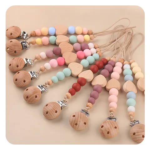 Buchenholz Silikon Perlen Baby Schnullerkette Herzform Anti-Fall Kette Für Säuglinge Beruhigende Nippel Halter Leine