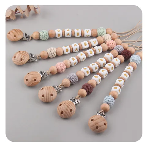 Handmade Beech Wood Silicone Baby Pacifier Clip Crochet Beads BABY Letter Beads Anti-Drop Pacifier Chain For Infants