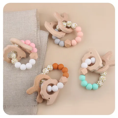 Baby Teether Bracelet Beech Wood Animal Rabbit Hedgehog Silicone Beads Teething Toy For Infant Toddler Sensory Grasping Ring