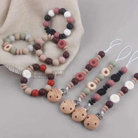 Daisy Silicone Baby Teether and Pacifier Clip Set With Beech Wood Beads Boho Soothing Teething Toy Bracelet Infant Binky Holder