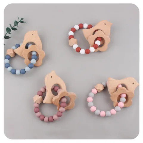 Beech Wood Silicone Baby Teether Bracelet Cartoon Bird Flower Beads Infant Molar Toy For Baby Relieve Teething Pain Gift