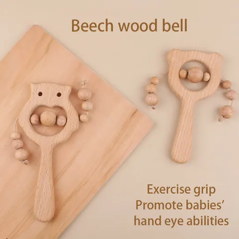 Natural Beech Wood Baby Rattle Teether Toy Cartoon Owl Bear Montessori Sensory Grasping Toy Newborn Teething Relief Gift