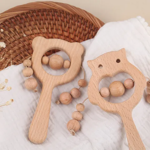 Natural Beech Wood Baby Rattle Teether Toy Cartoon Owl Bear Montessori Sensory Grasping Toy Newborn Teething Relief Gift
