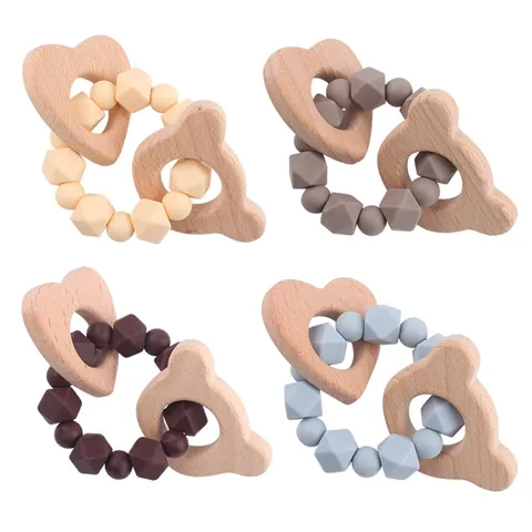 Baby Teether Bracelet Silicone Beech Wood Beads Ring Cartoon Bear And Heart Shape Infant Teething Relief Sensory Toy For Toddlers