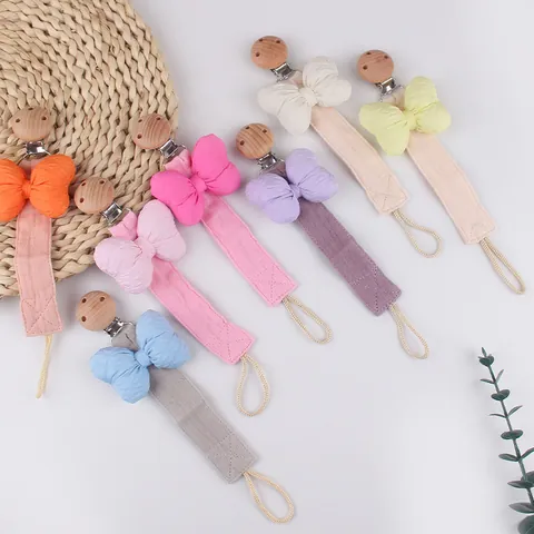 Schnullerkette Aus Buchenholz Mit Stoffschleife Baumwolle Leinen Anti-Verlust Kette Für Baby Neugeborene Kleinkinder Rosa Blau Beige