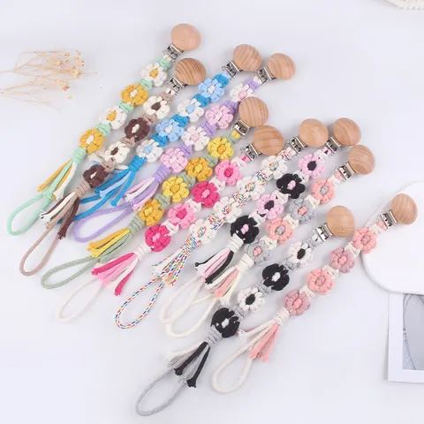 Handgeflochtene Baumwollseil Schnullerkette Mit Buchenholzclip Cartoon Blumenmuster Für Säuglinge Baby Anti-Drop Schnullerhalter Leinen Schnullerband Zubehör