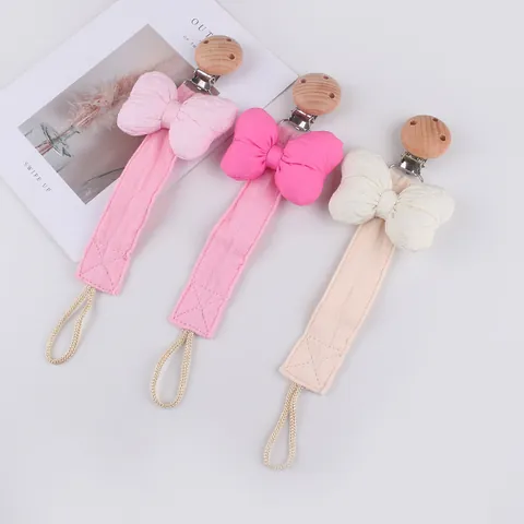 Schnullerkette Aus Buchenholz Mit Stoffschleife Baumwolle Leinen Anti-Verlust Kette Für Baby Neugeborene Kleinkinder Rosa Blau Beige