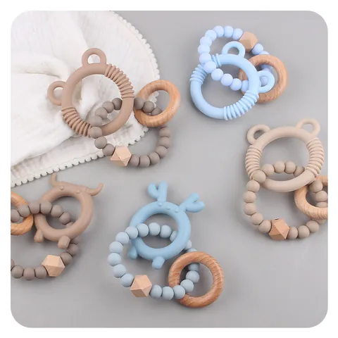 Baby Silicone Teether Bracelet With Natural Beech Wood Ring Cartoon Animal Shape BPA Free Infant Teething Relief Grabbing Toy