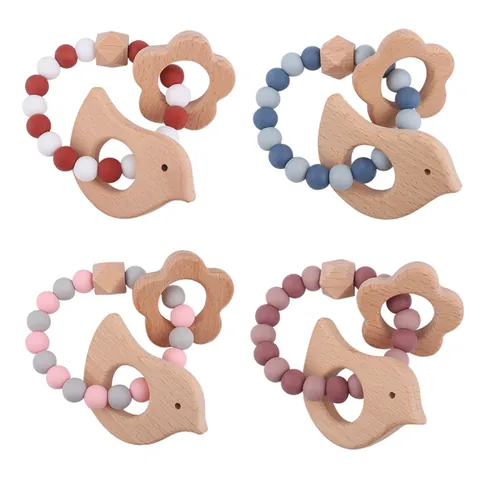 Beech Wood Silicone Baby Teether Bracelet Cartoon Bird Flower Beads Infant Molar Toy For Baby Relieve Teething Pain Gift