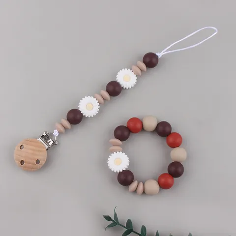 Daisy Silicone Baby Teether and Pacifier Clip Set With Beech Wood Beads Boho Soothing Teething Toy Bracelet Infant Binky Holder