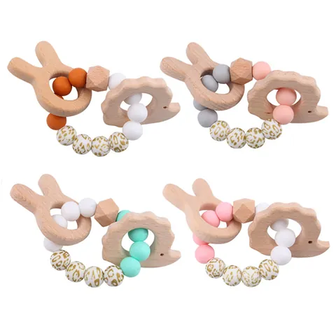 Baby Teether Bracelet Beech Wood Animal Rabbit Hedgehog Silicone Beads Teething Toy For Infant Toddler Sensory Grasping Ring